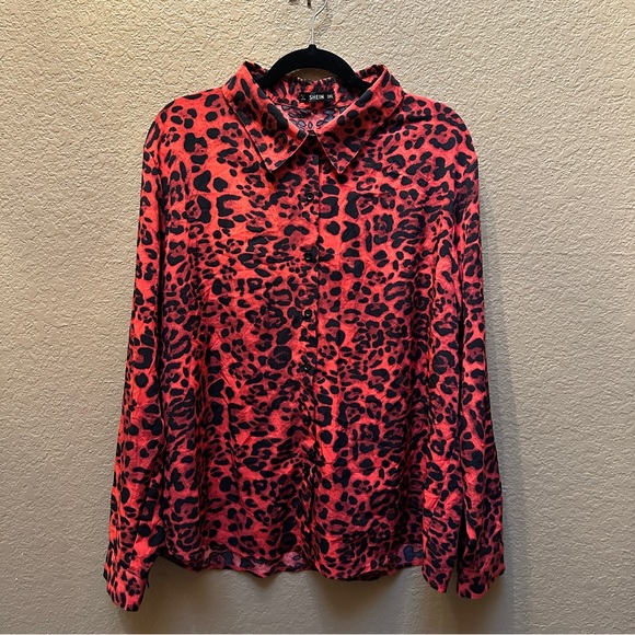SHEIN Tops - Red and Black Leopard Print Button Down Shirt